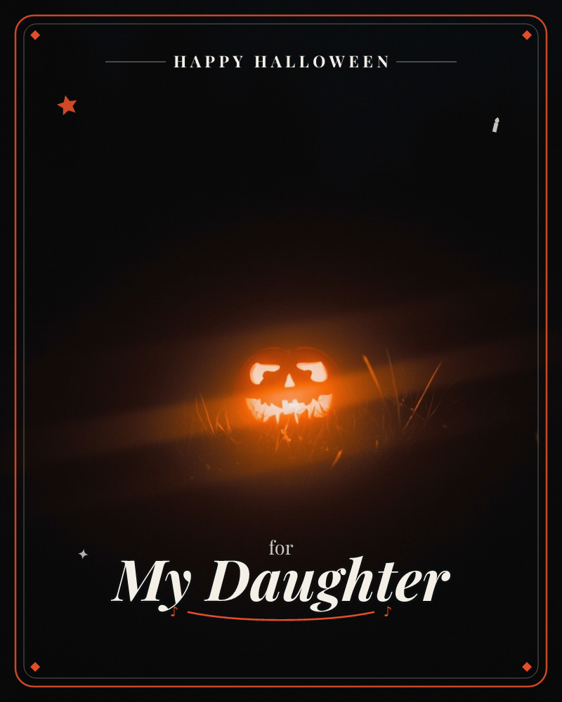A carved pumpkin glows alone in near-total darkness, its jagged grin and triangle eyes burning bright orange against wisps of dry grass, a halloween e-card design