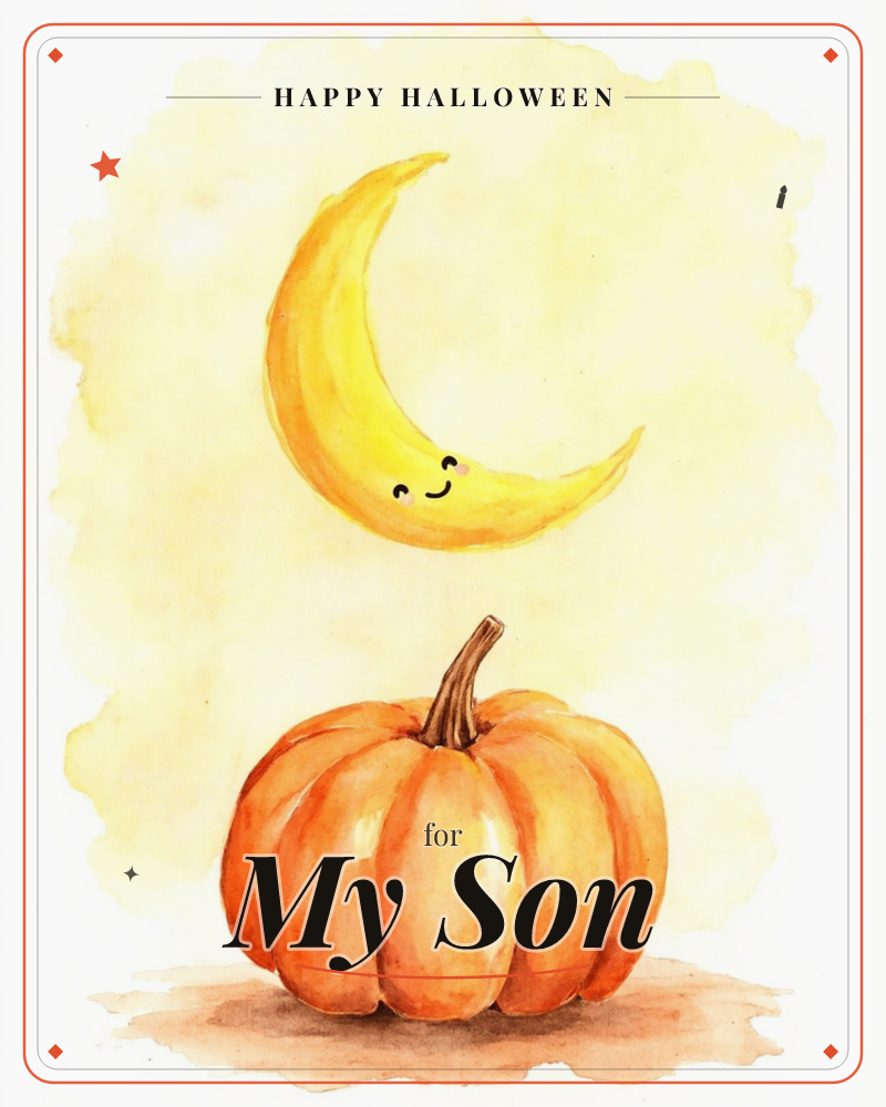 A smiling crescent moon with a sweet little face hangs above a plump orange pumpkin, both painted in soft watercolour washes against a warm golden…, a halloween e-card design