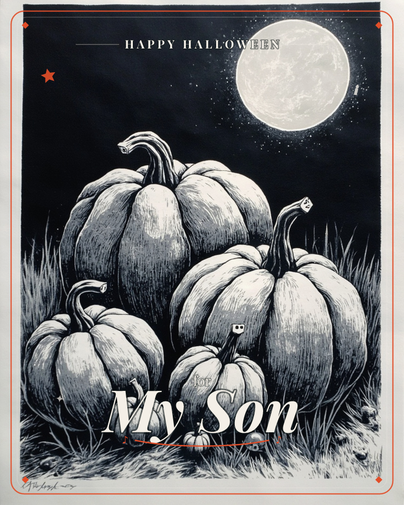A cluster of pumpkins large and small sits in tall grass beneath a full moon rendered in dense black-and-white crosshatching, a halloween e-card design