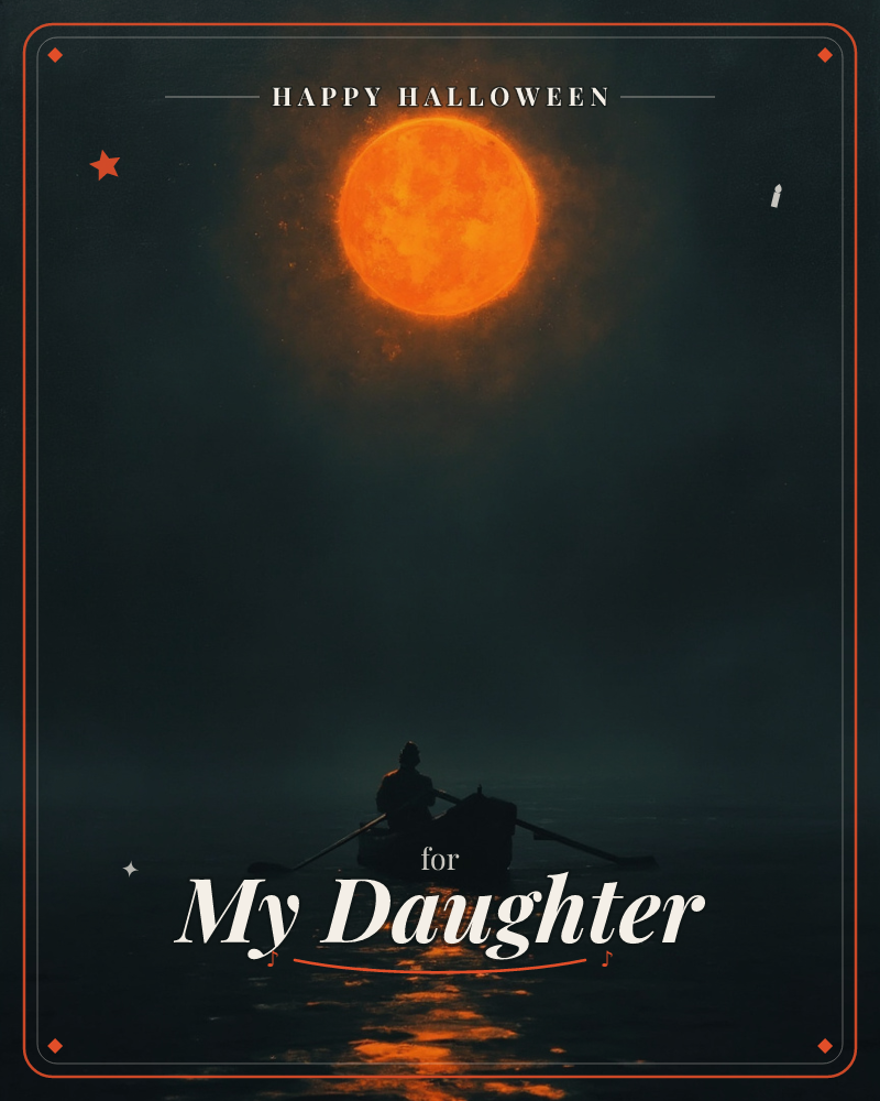 A lone rower drifts across dark, still water beneath an enormous glowing orange moon that dominates the night sky, a halloween e-card design