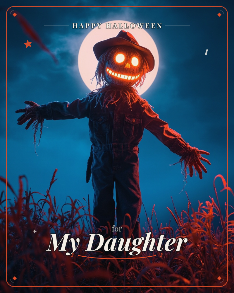 A scarecrow stands arms outstretched in a moonlit field, its carved pumpkin face glowing with a wide grinning mouth and triangle eyes lit from within, a halloween e-card design