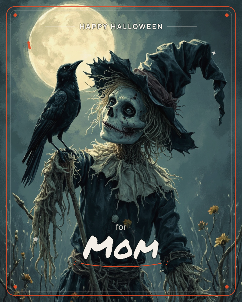 A ragged scarecrow with a skull-like painted face stands beneath a huge pale moon, straw poking through its torn blue coat and drooping witch-style hat, a halloween e-card design