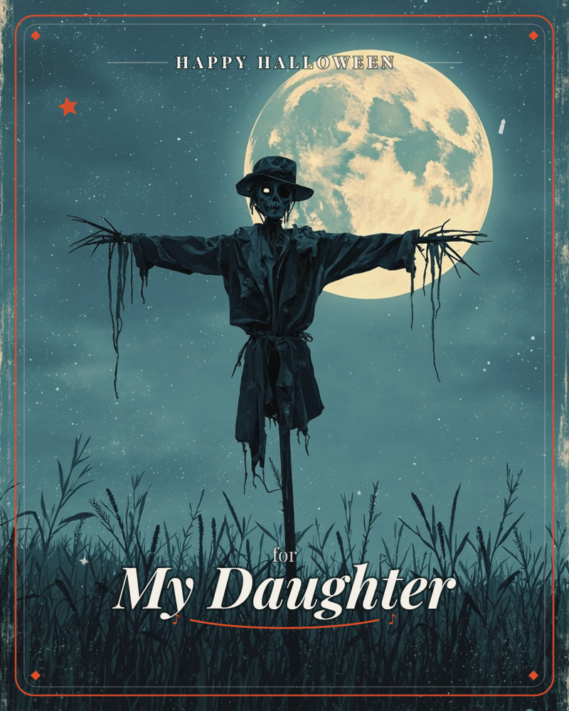 A ragged scarecrow stands with arms outstretched in a field of tall grass, silhouetted against an enormous glowing full moon, a halloween e-card design