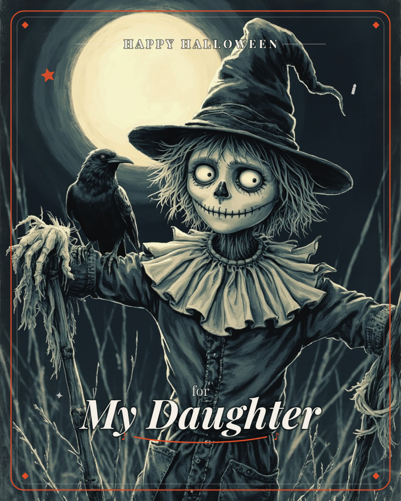 A skull-faced scarecrow in a tattered witch's hat and ruffled collar stands in a moonlit field, a crow perched calmly on its straw-stuffed glove, a halloween e-card design