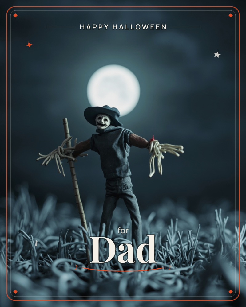 A scarecrow with a stitched, skeletal-painted face stands in a moonlit field, arms outstretched with straw spilling from its ragged gloves, one hand…, a halloween e-card design