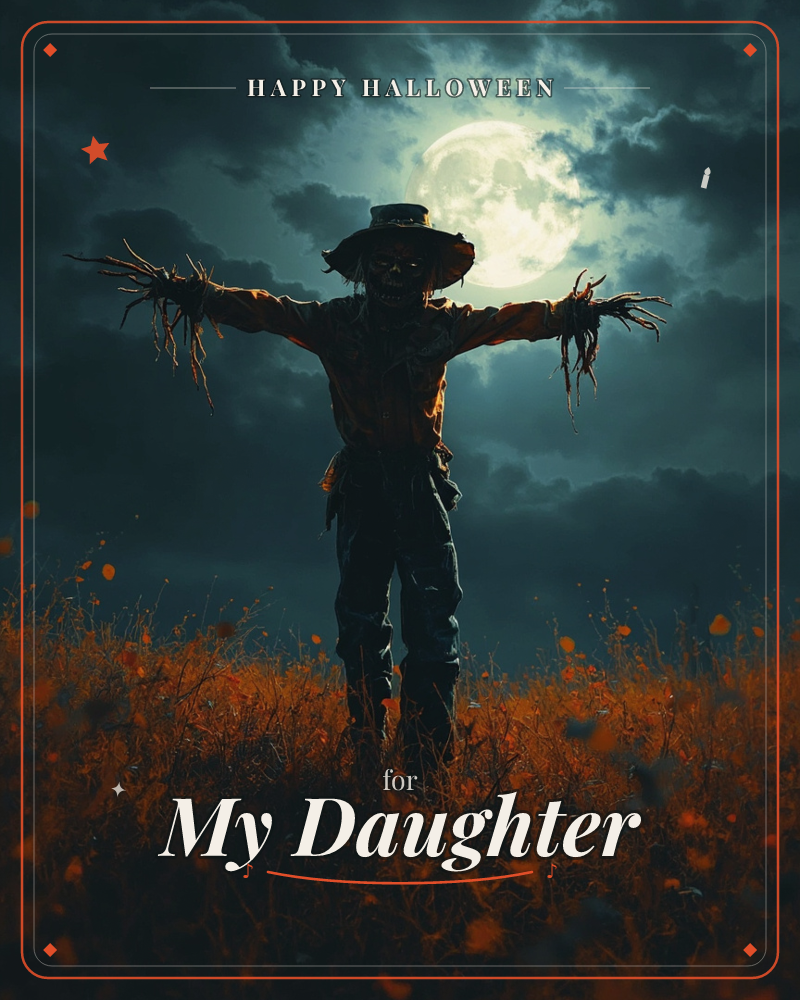 A ragged scarecrow stands with arms outstretched in a wind-tossed field, its straw fingers and battered hat silhouetted against a huge glowing full moon, a halloween e-card design
