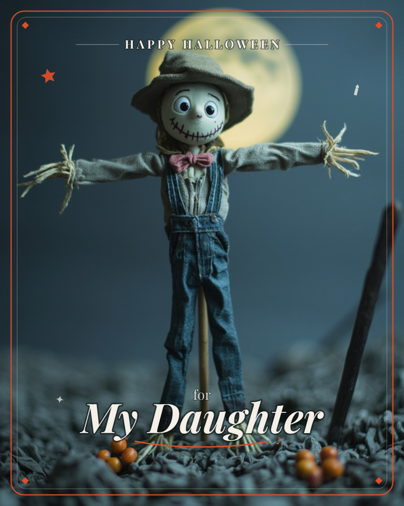 A friendly scarecrow with stitched button eyes and a stitched smile stands with arms spread wide, dressed in denim overalls and a pink bow tie, straw…, a halloween e-card design
