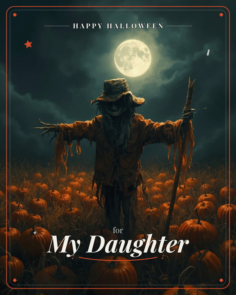 A tattered scarecrow stands with arms outstretched in a moonlit pumpkin patch, its ragged coat and frayed hat catching an eerie glow beneath a full…, a halloween e-card design