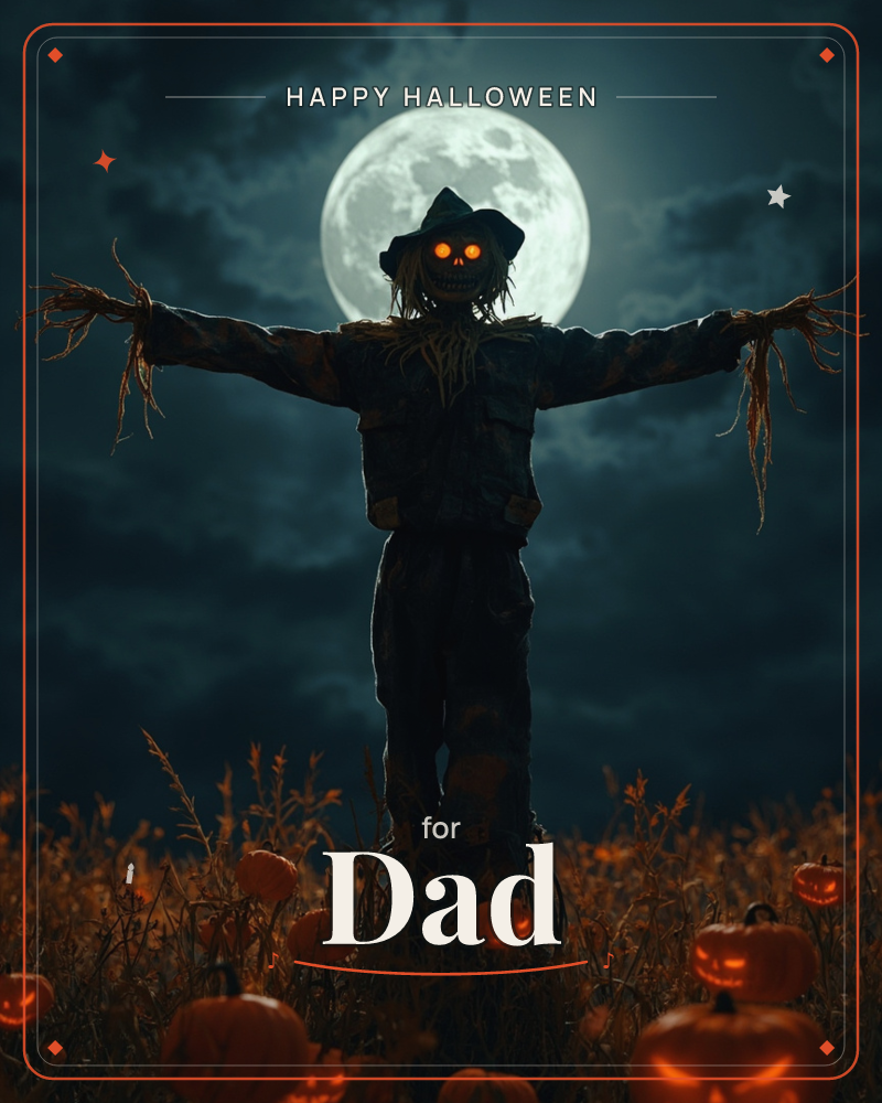 A scarecrow stands with arms outstretched against a huge glowing full moon, its hollow eyes burning orange in the dark, a halloween e-card design