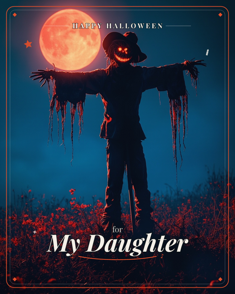 A tattered scarecrow with a glowing jack-o'-lantern face stands arms outstretched against a huge orange moon rising in a deep blue night sky, a halloween e-card design