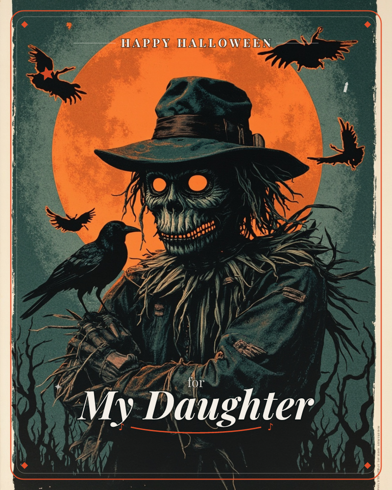 A skull-faced scarecrow in a wide-brimmed hat and ragged coat stands with arms folded before a huge orange moon, a crow perched calmly on its…, a halloween e-card design