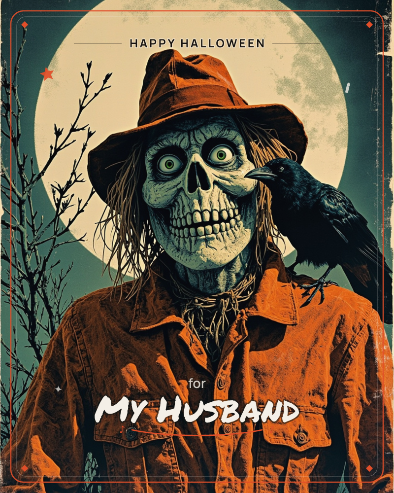 A skeletal scarecrow in a battered orange hat and denim jacket stares out with hollow, glowing eyes, a black crow perched on its shoulder, all set…, a halloween e-card design