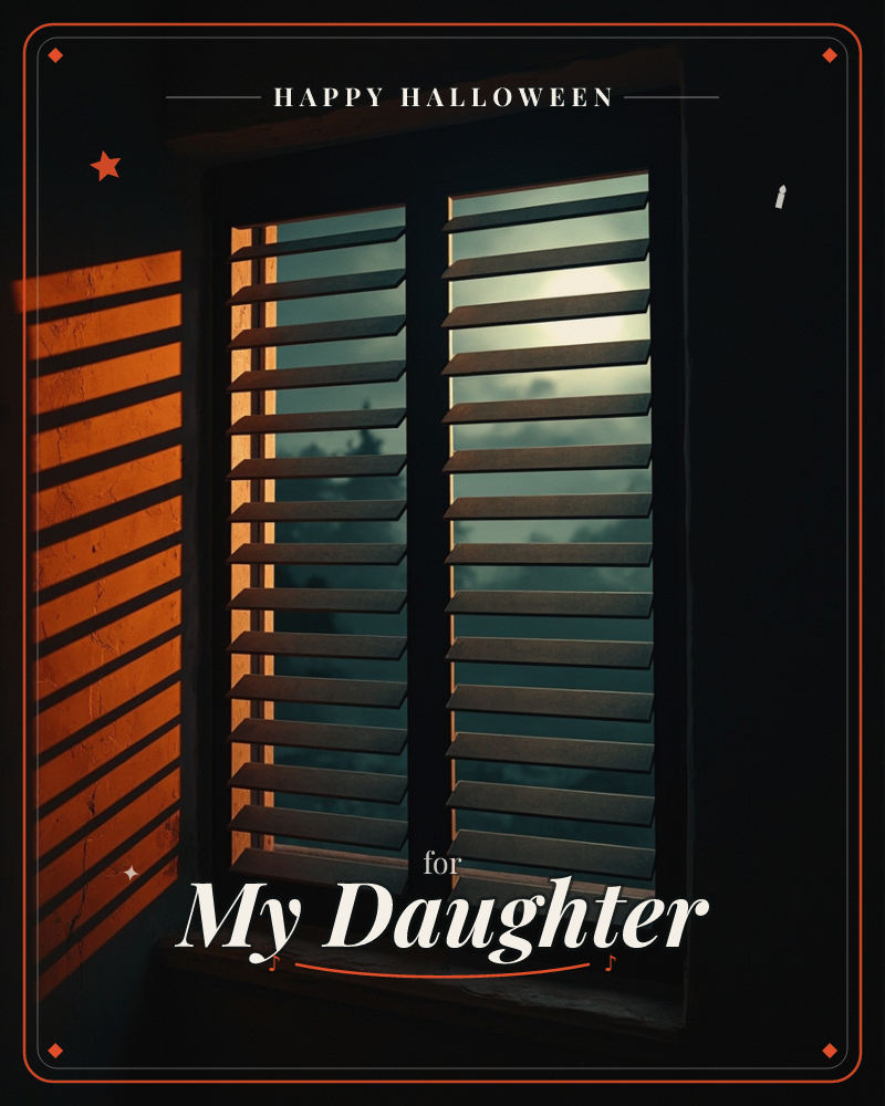 A shuttered window glows with the last warm light of day, its wooden slats casting long striped shadows of amber across the adjacent wall, a halloween e-card design