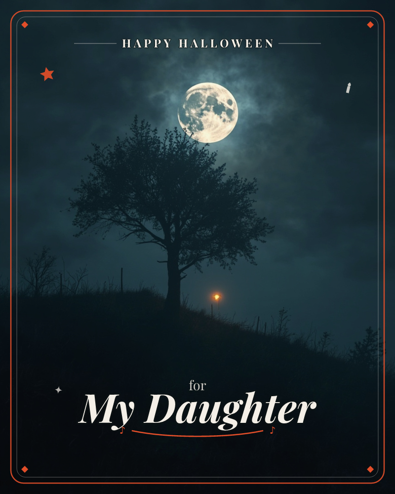 A lone tree stands silhouetted atop a grassy hillside, its branches reaching up toward a brilliant full moon glowing through drifting night clouds, a halloween e-card design