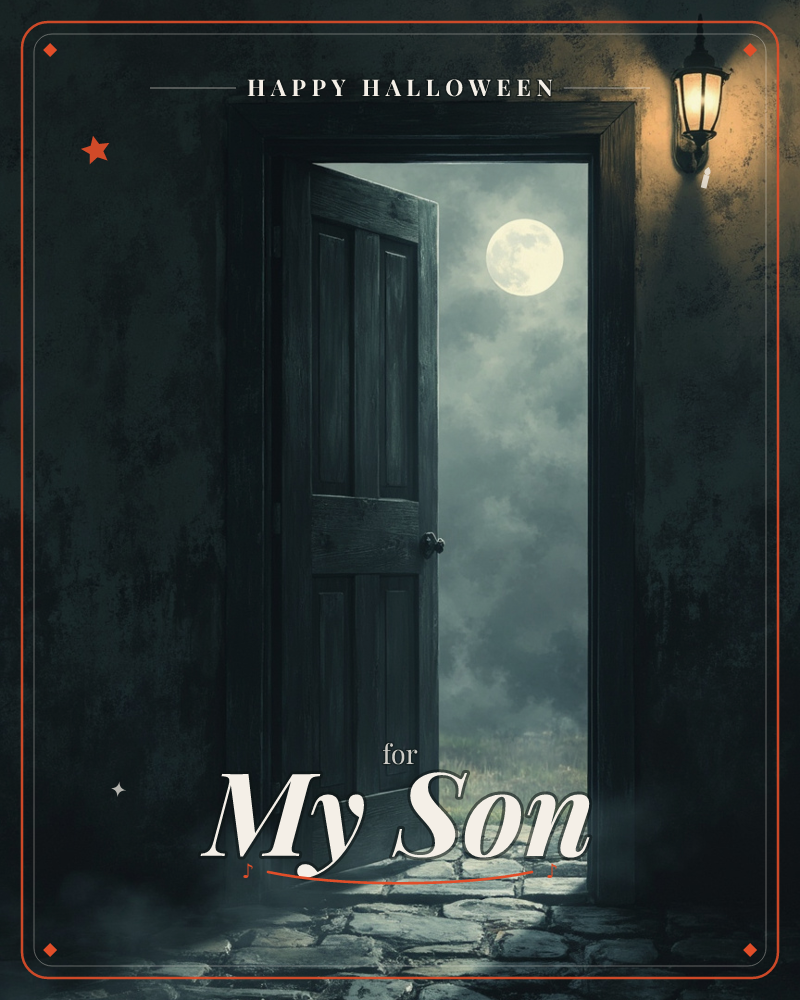 A weathered wooden door stands open in a dark stone wall, revealing a misty night beyond where a full moon glows over a cobbled path and grass, a halloween e-card design