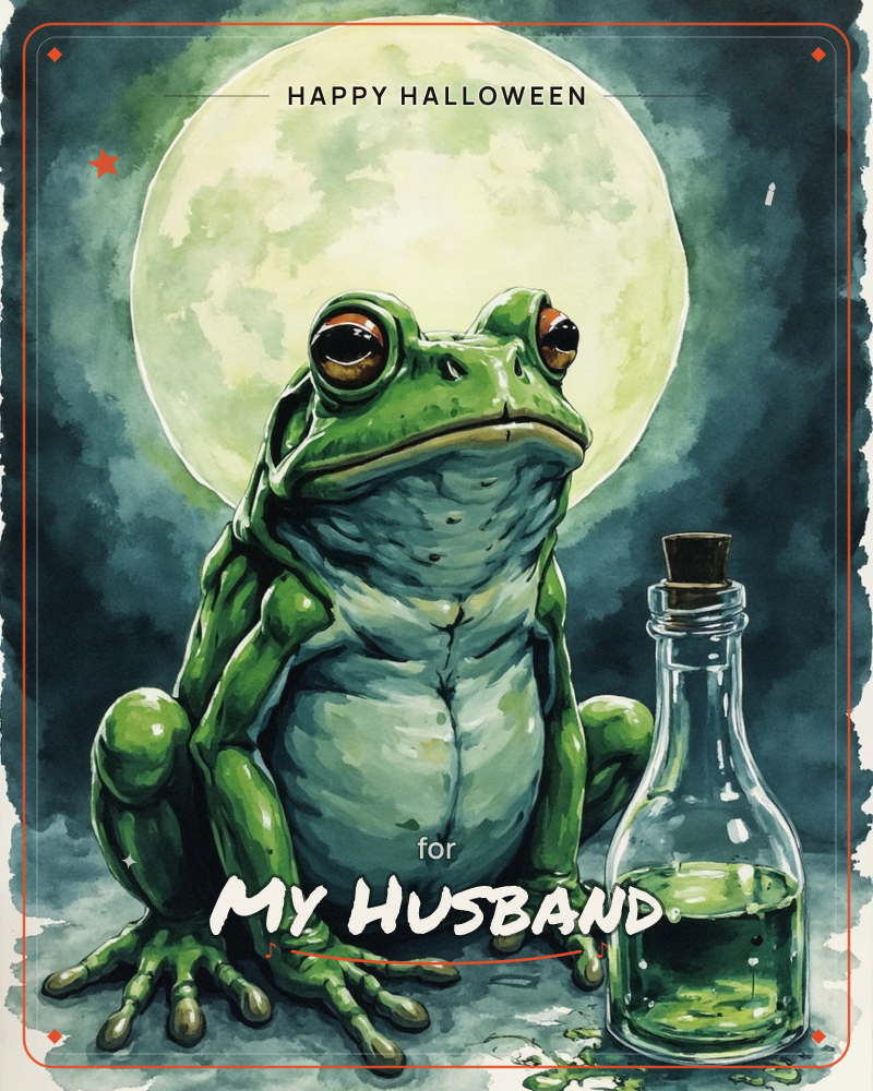 A large green frog sits squarely in front of a glowing full moon, its round eyes fixed straight ahead with an unimpressed stare, a halloween e-card design