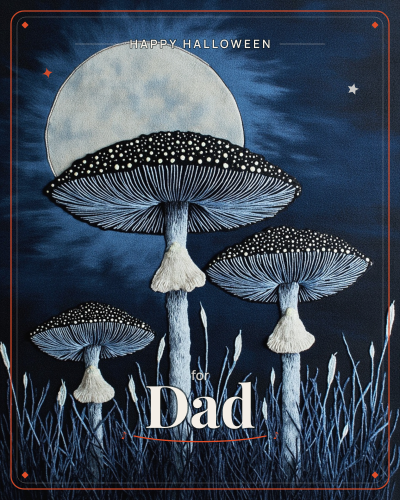 A cluster of speckled toadstools rises from tall grass beneath a full moon, their gilled undersides fanned out like pale lace against a deep…, a halloween e-card design