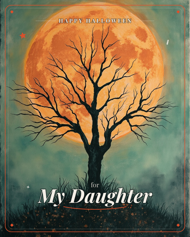 A bare, gnarled tree stands silhouetted on a grassy mound against a huge glowing orange moon that fills the teal-green night sky, a halloween e-card design
