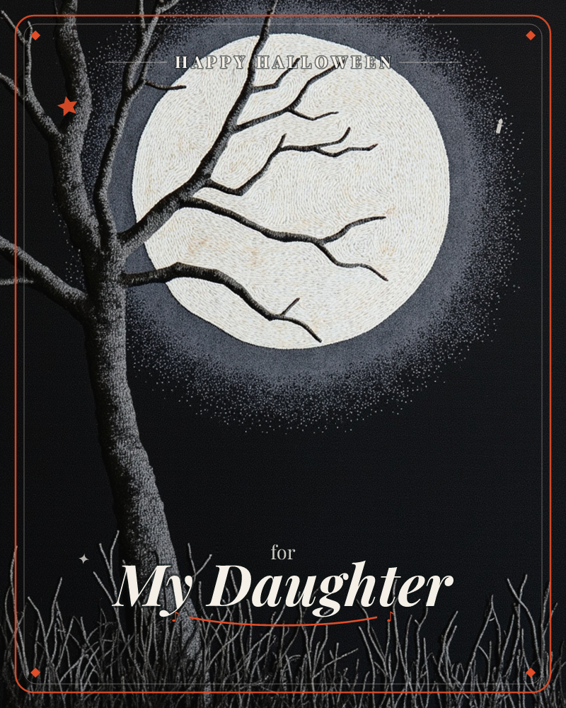 A bare, gnarled tree stands against a deep black night sky, its branches reaching across a large glowing full moon, a halloween e-card design