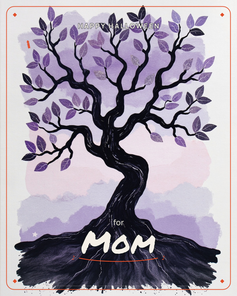 A gnarled black tree twists upward against a hazy watercolour sky of purple and blush pink, its exposed roots spreading into a dark pool at the base, a halloween e-card design
