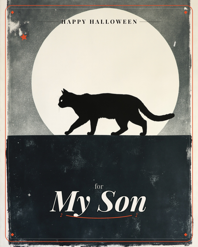 A black cat is caught mid-stride along a dark rooftop edge, its silhouette sharp against a huge pale moon, a halloween e-card design
