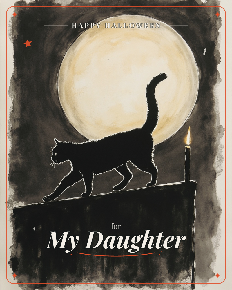 A black cat walks along the top of a dark wall or ledge, silhouetted against a huge pale moon that fills the night sky, while a single candle burns…, a halloween e-card design
