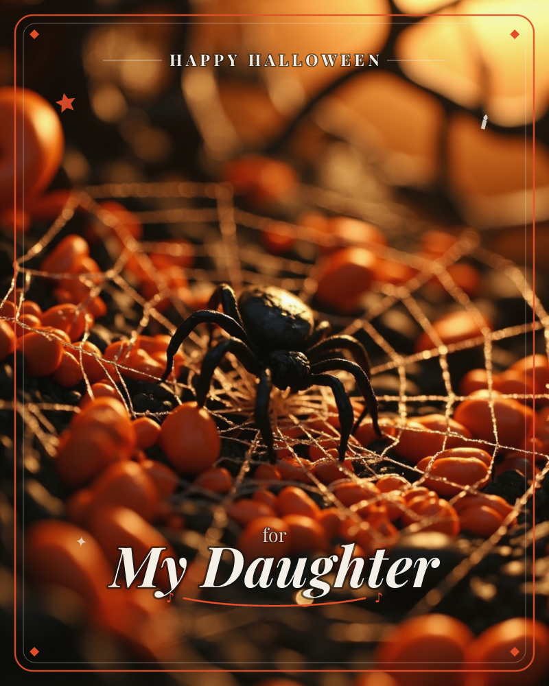 A glossy black toy spider sits at the centre of a delicate web spun over a mound of orange candies, lit with warm amber light, a halloween e-card design