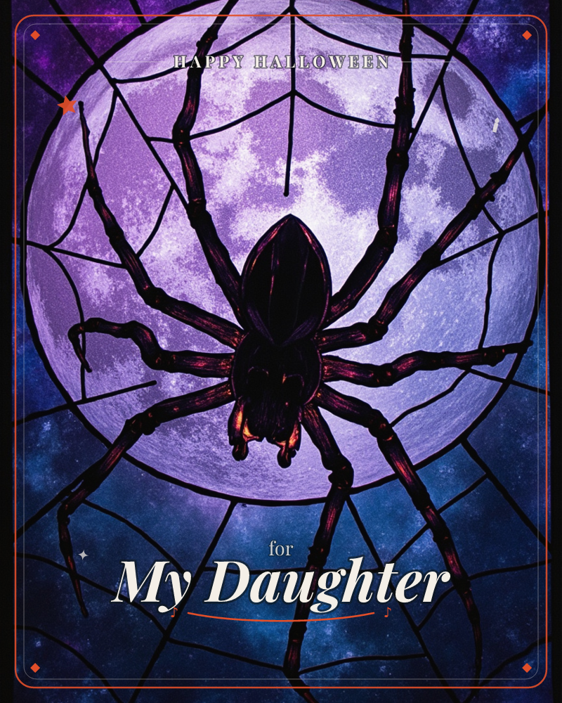 A large dark spider crouches at the center of its web, silhouetted against a glowing full moon that fills the night sky behind it, a halloween e-card design