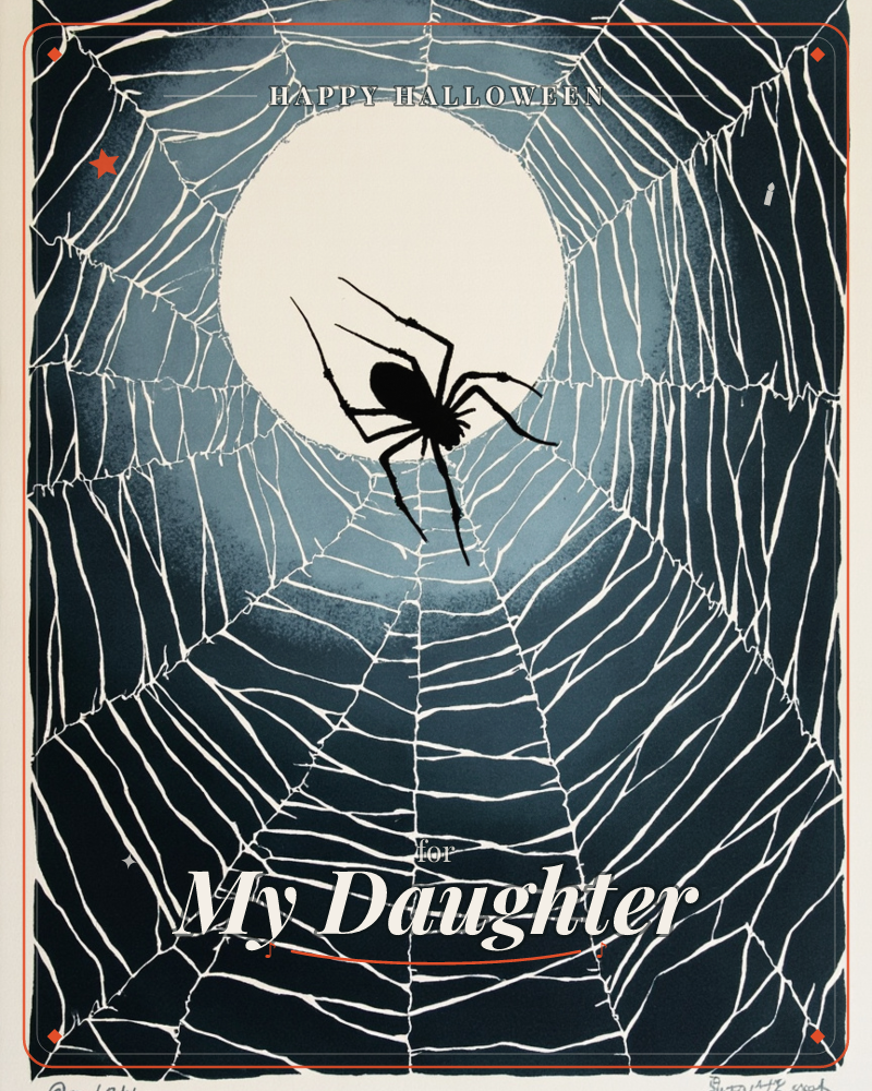A black spider sits at the center of an intricate white web, silhouetted against a pale full moon and a deep blue-black night sky, a halloween e-card design