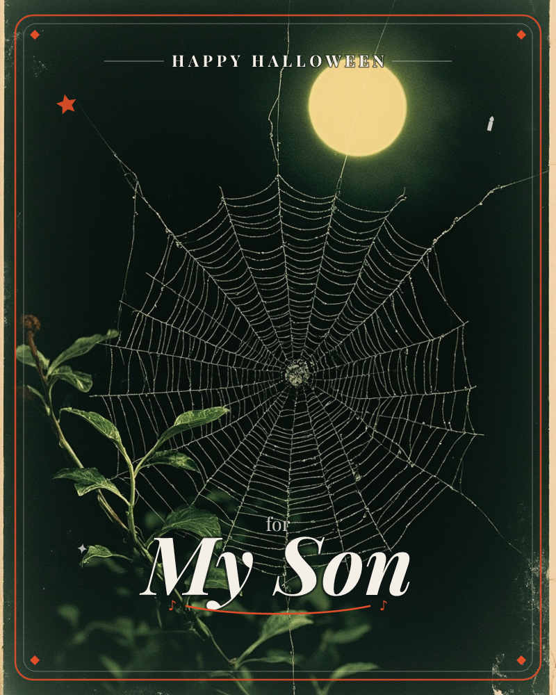 A spider's web is spun across dark leafy branches, its silken spokes catching the light beneath a glowing full moon, a halloween e-card design
