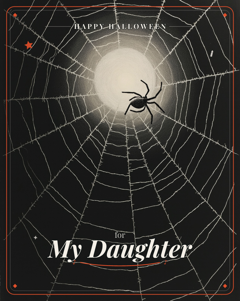 A spider sits at the center of an intricate web spun across a black background, glowing with a soft radial light behind it, a halloween e-card design