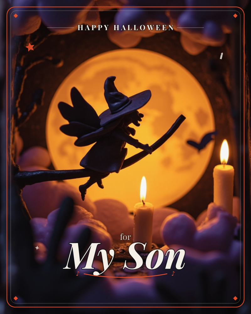 A miniature diorama shows a tiny winged witch figure perched on a bare branch, silhouetted against a glowing orange full moon, a halloween e-card design