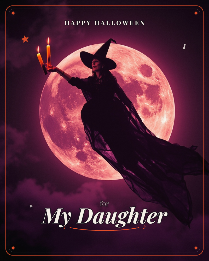 A woman in a witch's hat and flowing dark gown floats silhouetted against a giant, glowing pink-red full moon, holding a cluster of lit candles aloft…, a halloween e-card design