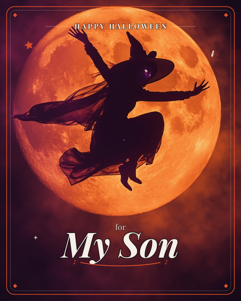 A woman in a witch's pointed hat and flowing cloak is silhouetted mid-leap against a huge glowing orange full moon, a halloween e-card design