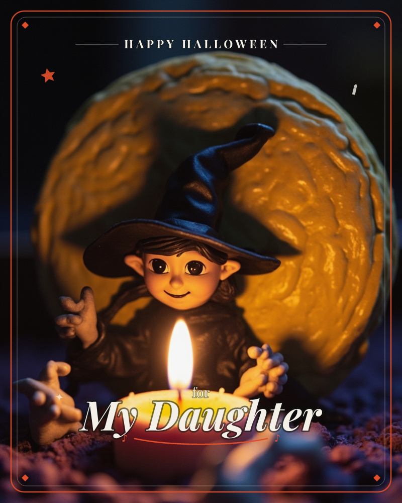 A small figurine of a smiling witch in a black hat crouches beside a lit candle at night, her hands raised as if casting a spell, a halloween e-card design