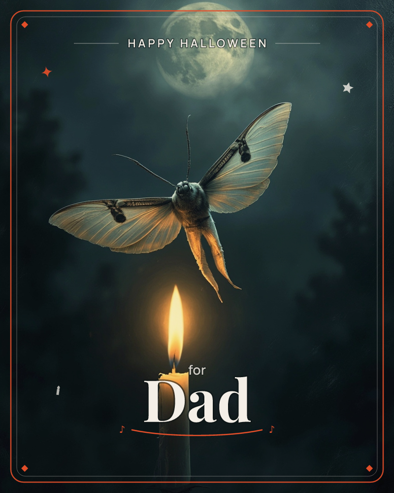 A pale luna-winged moth hovers over a single lit candle in a dark, misty forest, a full moon glowing behind it through the trees, a halloween e-card design