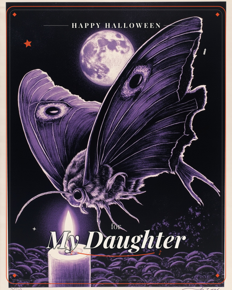 A large moth with eyespotted wings dips down toward a lit candle flame under a full moon, its fuzzy body and feathery antennae rendered in fine…, a halloween e-card design