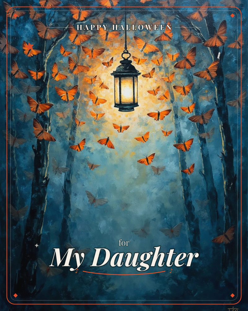 A single lantern hangs in the middle of a shadowy blue forest, its warm glow drawing dozens of orange butterflies out of the dark trees, a halloween e-card design