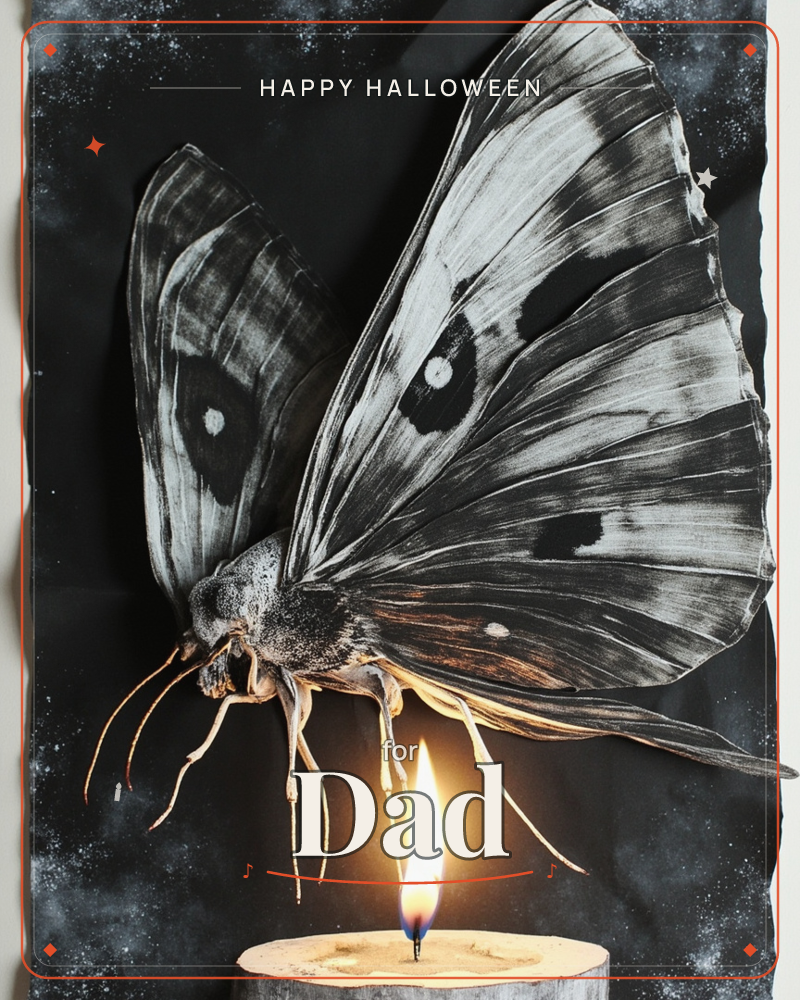 A large moth with pale, veined wings and dark eyespots perches over a small candle flame, set against a black speckled background like a night sky, a halloween e-card design