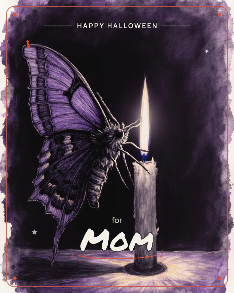 A large violet-black butterfly perches on the rim of a lone candle, its wings catching the flame's glow against an inky, smudged-purple background, a halloween e-card design