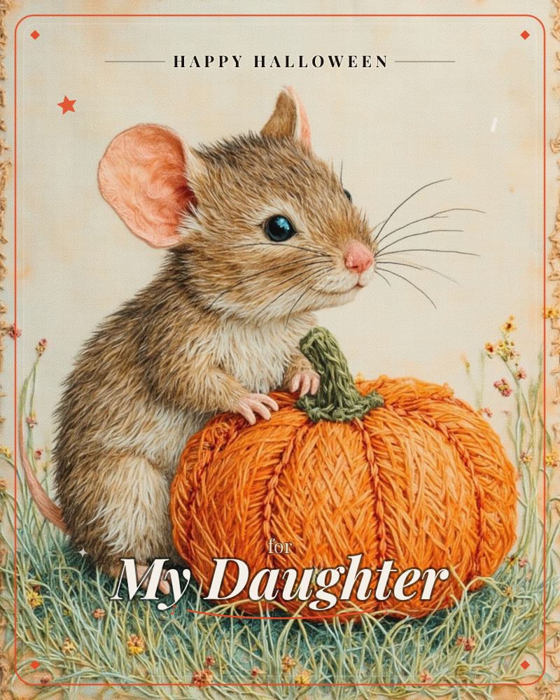 A finely detailed mouse with pink ears and long whiskers perches on its hind legs, one paw resting on a pumpkin that looks knitted from orange yarn…, a halloween e-card design