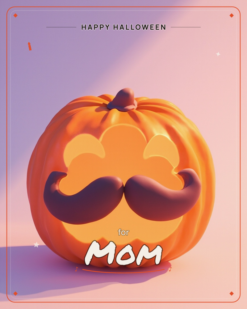 A single glossy orange pumpkin sits carved not with eyes but with a curling, dapper moustache stretched across a scalloped, glowing mouth, a halloween e-card design