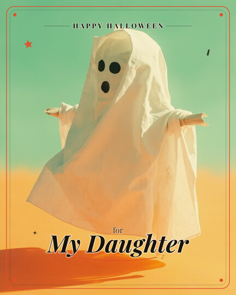 A child-sized figure hides under a simple white sheet with two round eyes and an open mouth cut out, arms raised mid-jump against a bright mint-green…, a halloween e-card design
