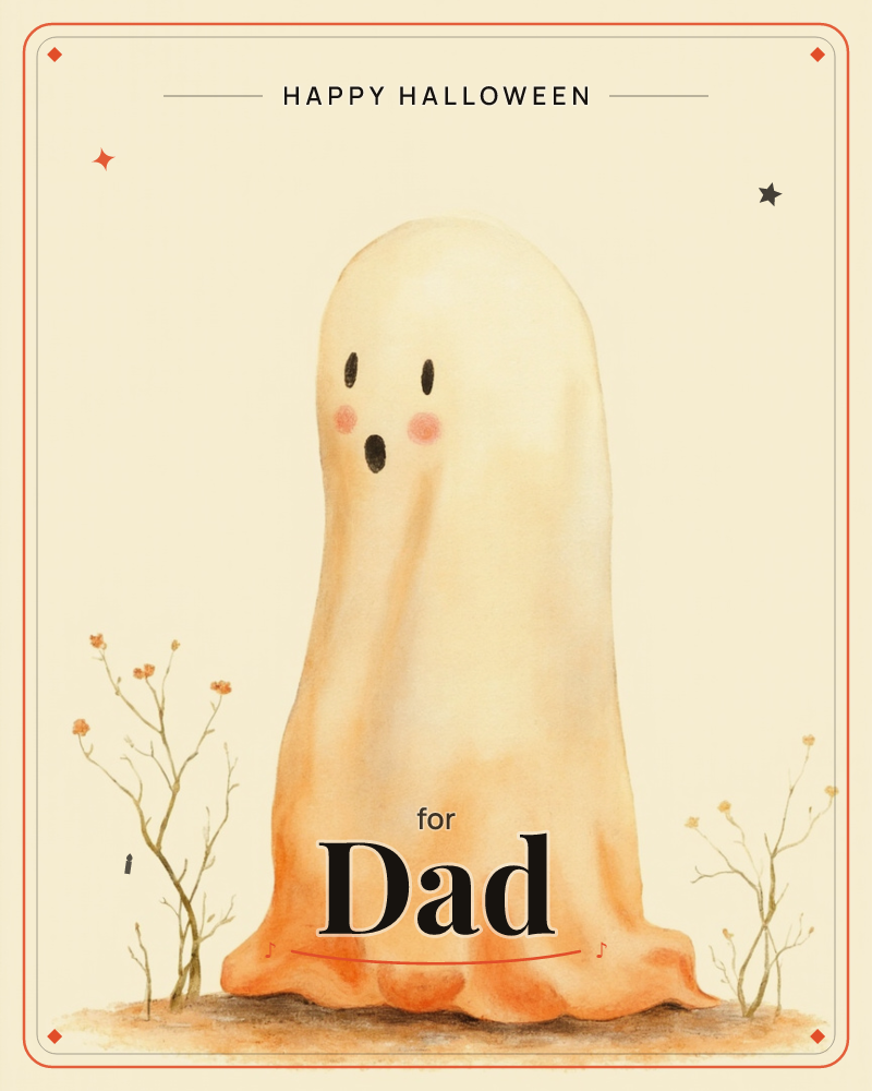 A small, round-shouldered ghost stands alone on bare ground, its sheet fading from cream at the top to a soft burnt orange at the hem, a halloween e-card design