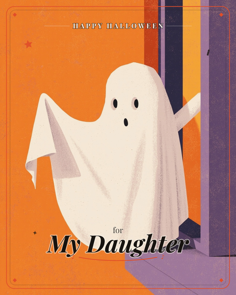 A classic bedsheet ghost with round black eyes and an oval mouth floats through a striped doorway of purple, orange and navy, one arm raised in a wave, a halloween e-card design