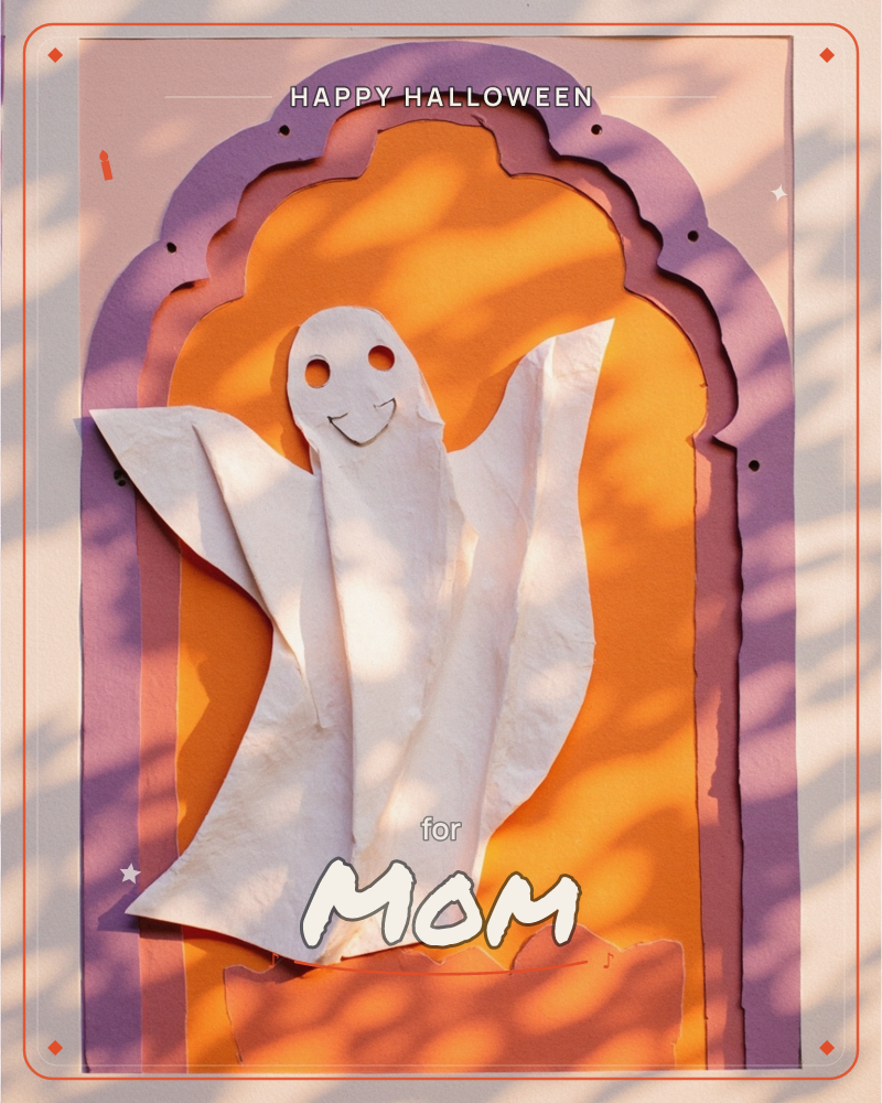 A layered paper-craft ghost with a wide smiling face and outstretched arms floats inside a scalloped purple archway set against a bright orange…, a halloween e-card design