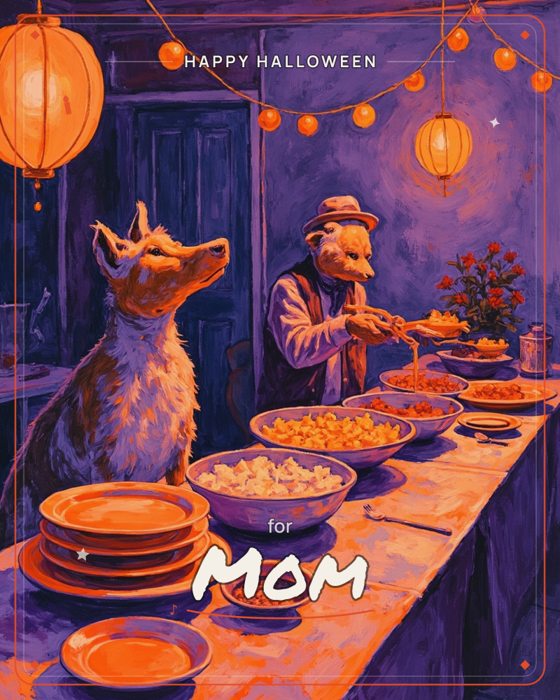 A painted feast scene bathed in violet and amber light, where a fox sits upright at a long table set with stacked plates and bowls of noodles and stew…, a halloween e-card design
