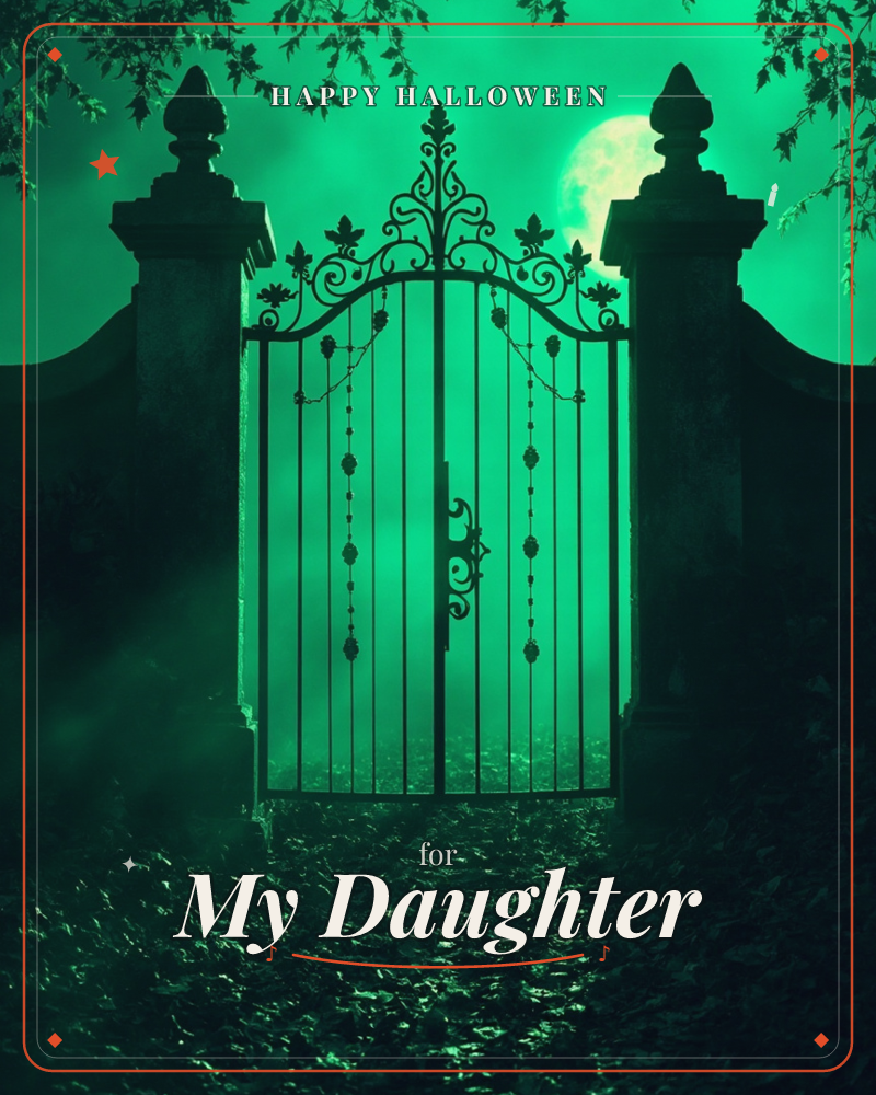 An ornate wrought-iron gate stands closed between two stone pillars, silhouetted against a glowing green mist with a pale moon rising behind it, a halloween e-card design