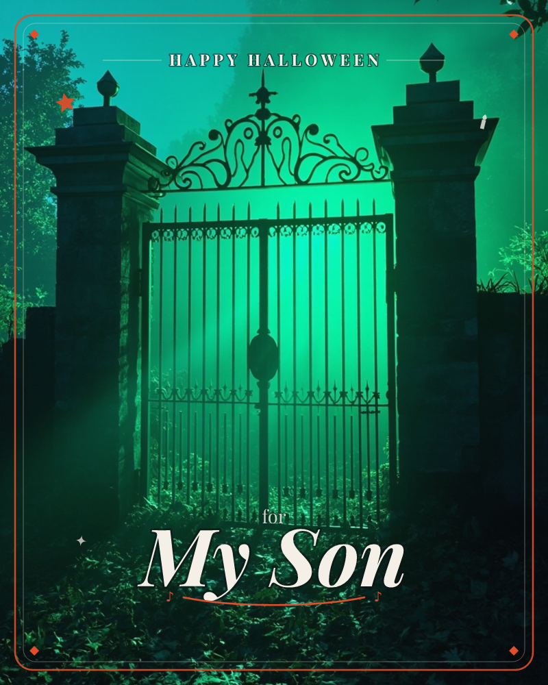 A wrought-iron gate stands closed between stone pillars, its scrolled crest silhouetted against a thick green mist glowing from beyond, a halloween e-card design