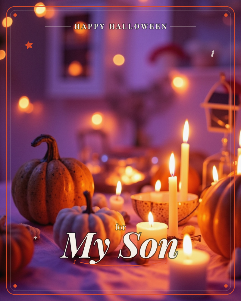 A cosy tabletop arrangement of pumpkins in orange and cream sits among lit candles, their flames glowing warm against a dusky purple-lit room, a halloween e-card design